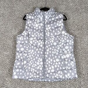 Lands End Vest Womens Large Gray White Print Puffer Quilted Down Puffer